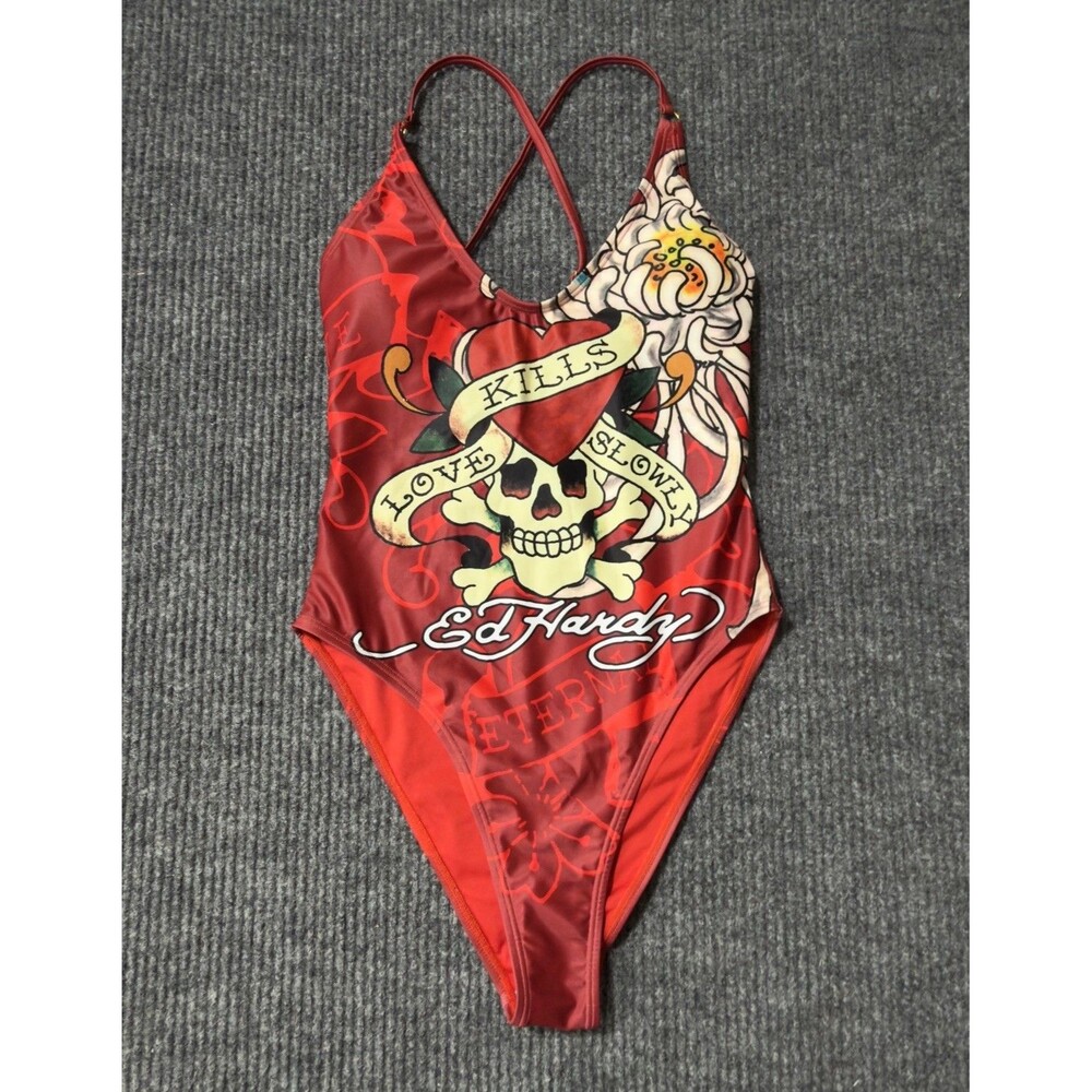 Ed Hardy Swimsuit Womens Size Medium Red Love Kills Slowly 1 Piece Y2K NEW